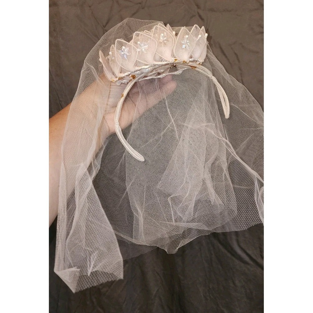 VTG Beaded Ivory Lace Bridal Veil Very Light Pink Wedding Crown Wired Antique
